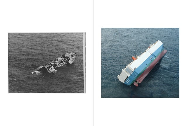 Ana de Almeida, Image Pair II (US Tanker sunk by German U-Boats off Virgiania Coast Line, 1942 black and white photograph, coll. Shirley Man, Peggy Strawn & George A. Spotwood; CougarAce, 2006, photograph by the US Coast Guard) part of the Al Wahda project, 2011, conceived for the BES Revelação Art Prize at the Serralves Foundation in Oporto, Portugal