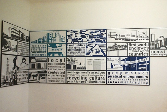 Andrea Ressi, Hybrid Urbanities – Fragments of the Global City, 2008, acrylics on MDF-boards, 60 x 90 cm each, exhibition view “Structures of Radicality“, Open Space, Vienna